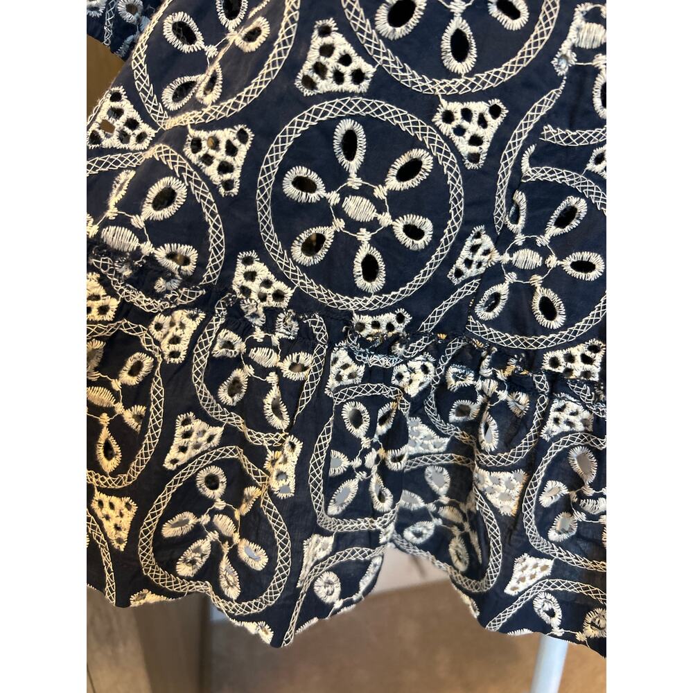 Lucca | 100% Cotton Navy/White Eyelit Babydoll Back Cutout Half Sleeve Dress | M - Picture 14 of 15